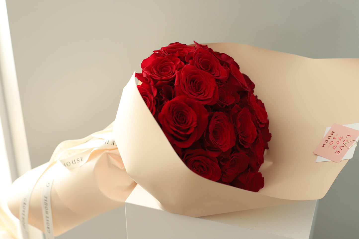 Premium Long-Stem Red Roses Wrapped Bouquet - Deluxe and Premium Options