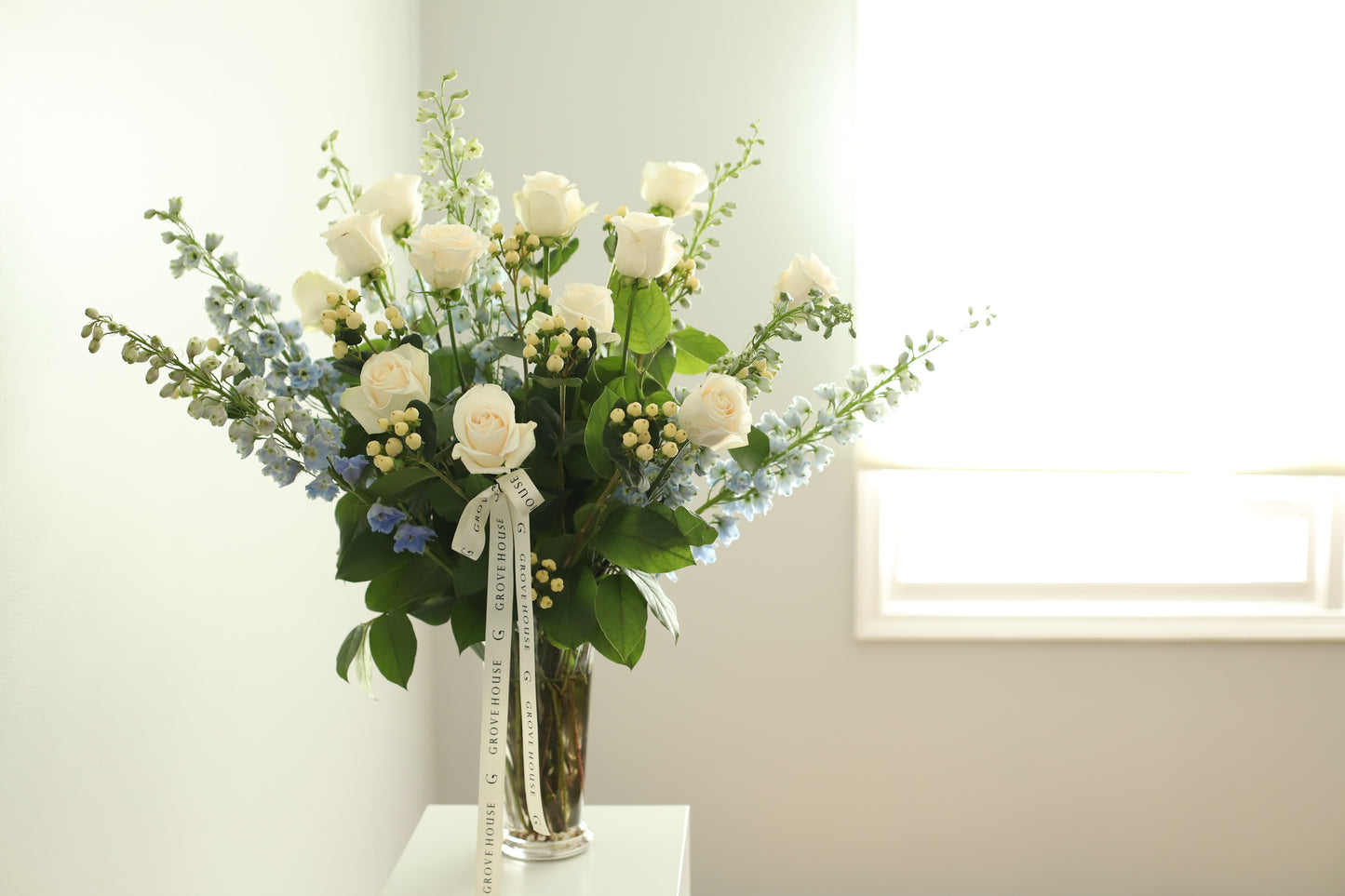 Deluxe Creamy White and Blue bouquet in a vase - Chicagoland's Premier Florist