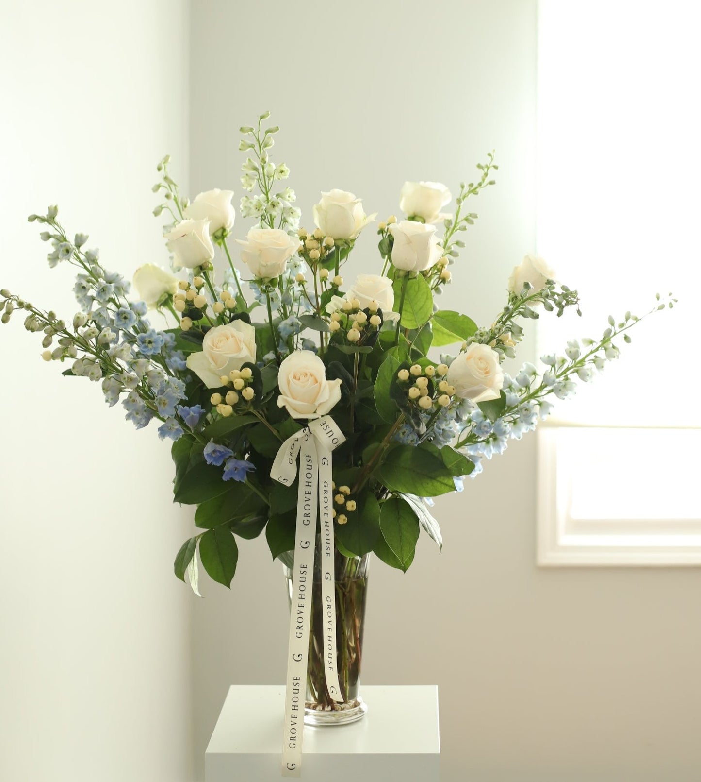 Deluxe Creamy White and Blue bouquet in a vase - Chicagoland's Premier Florist