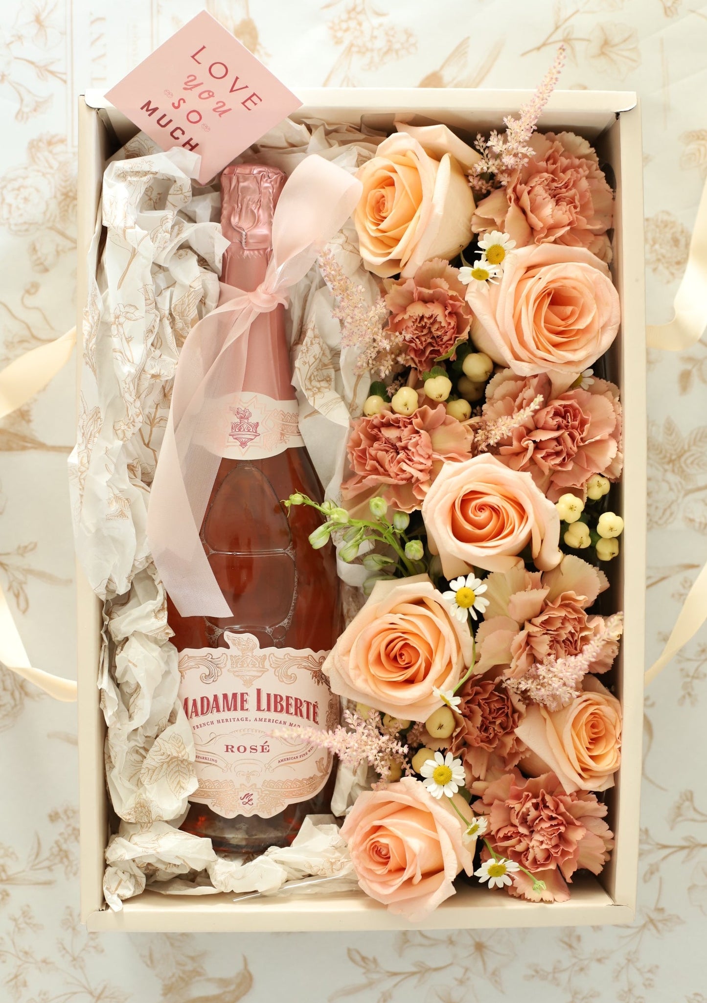 Peach Flowers and Wine Gift Box: Romantic Floral Gifts | GROVE HOUSE