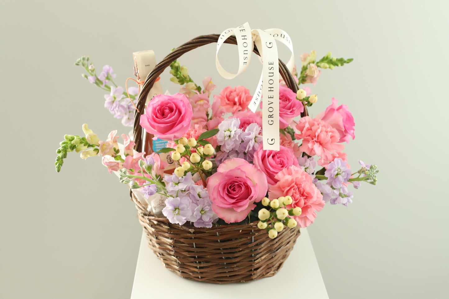 Pink Flower and Wine Basket