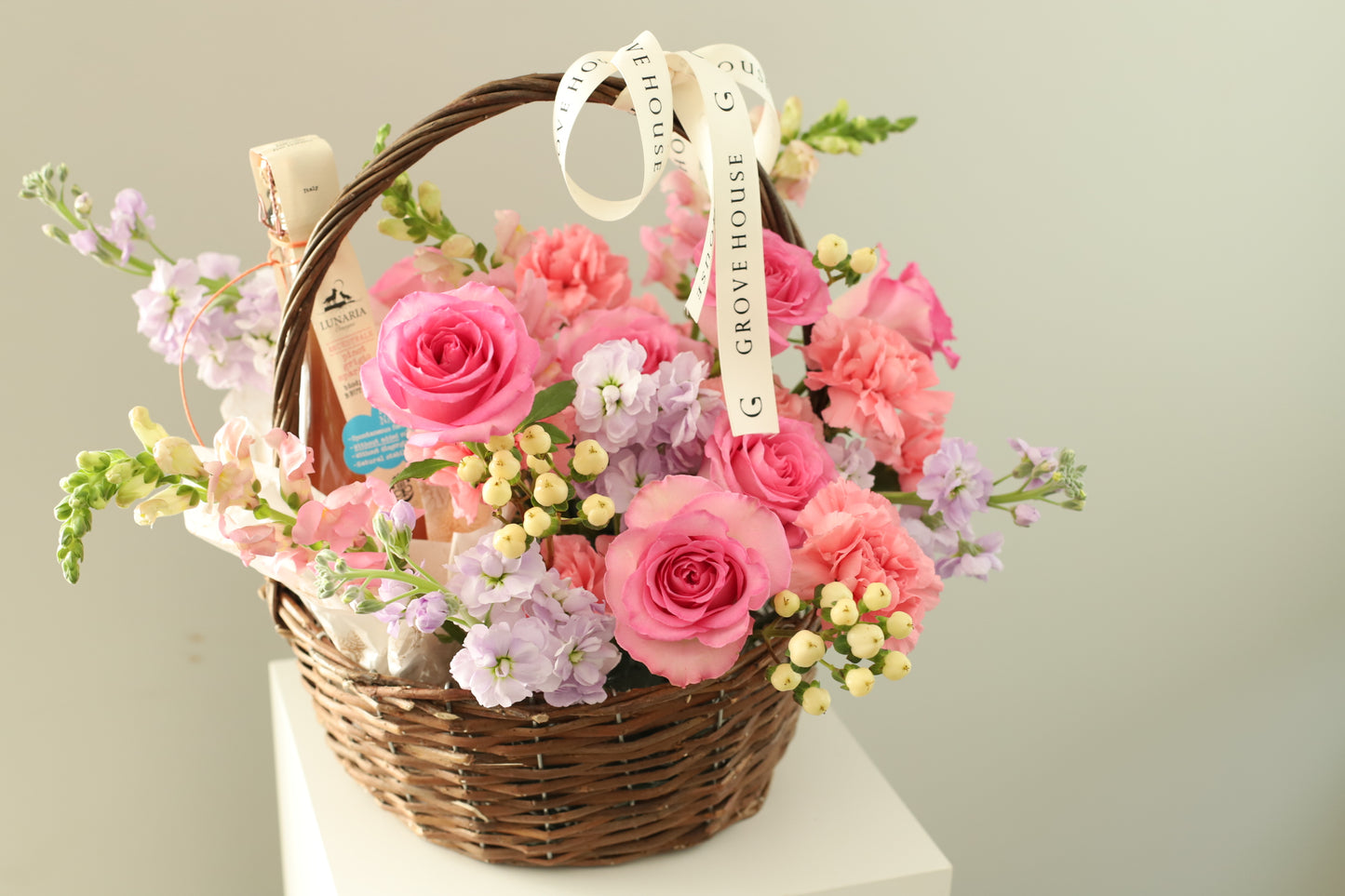 Pink Flower and Wine Basket