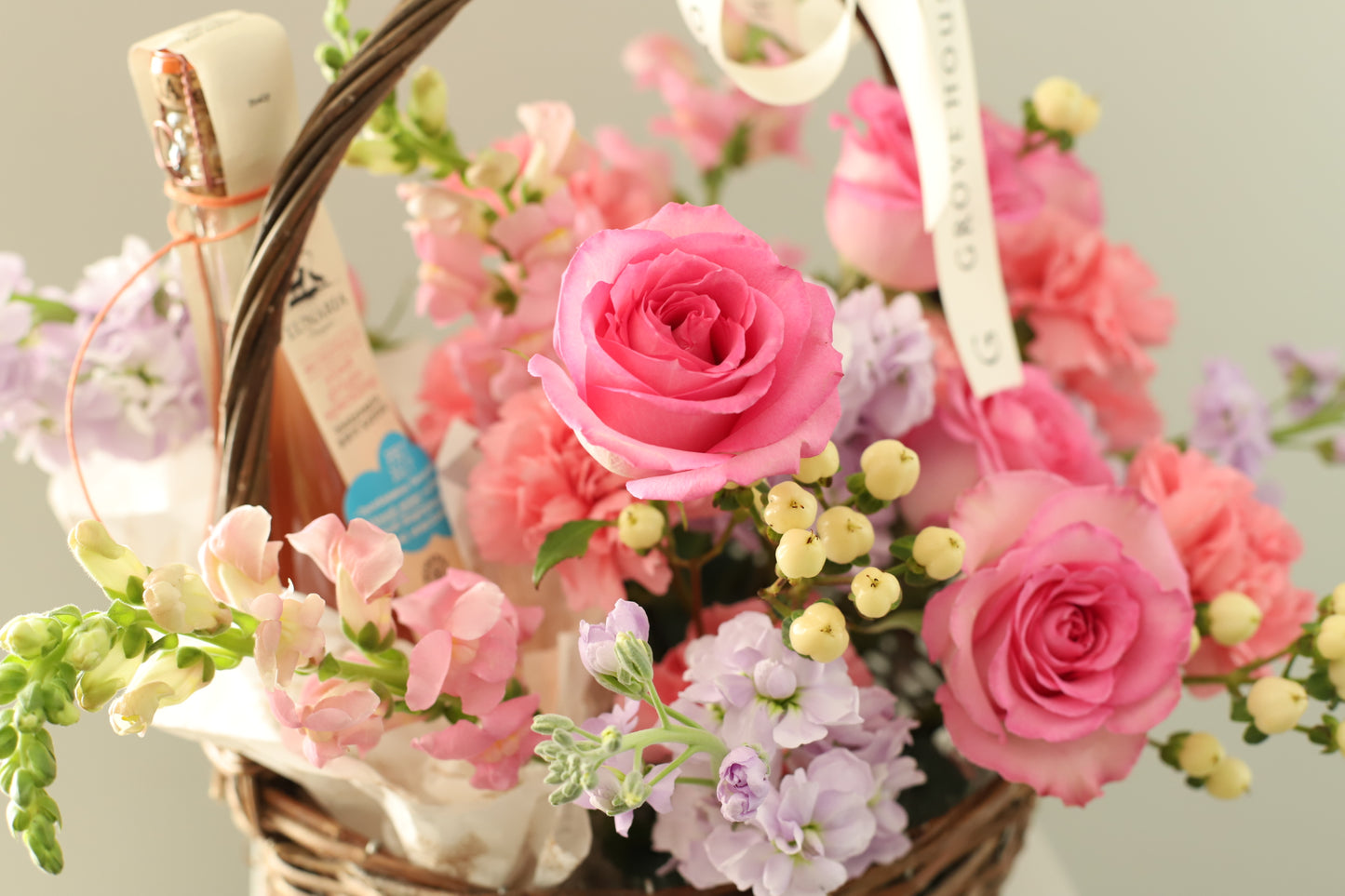 Pink Flower and Wine Basket