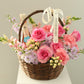 Pink Flower and Wine Basket