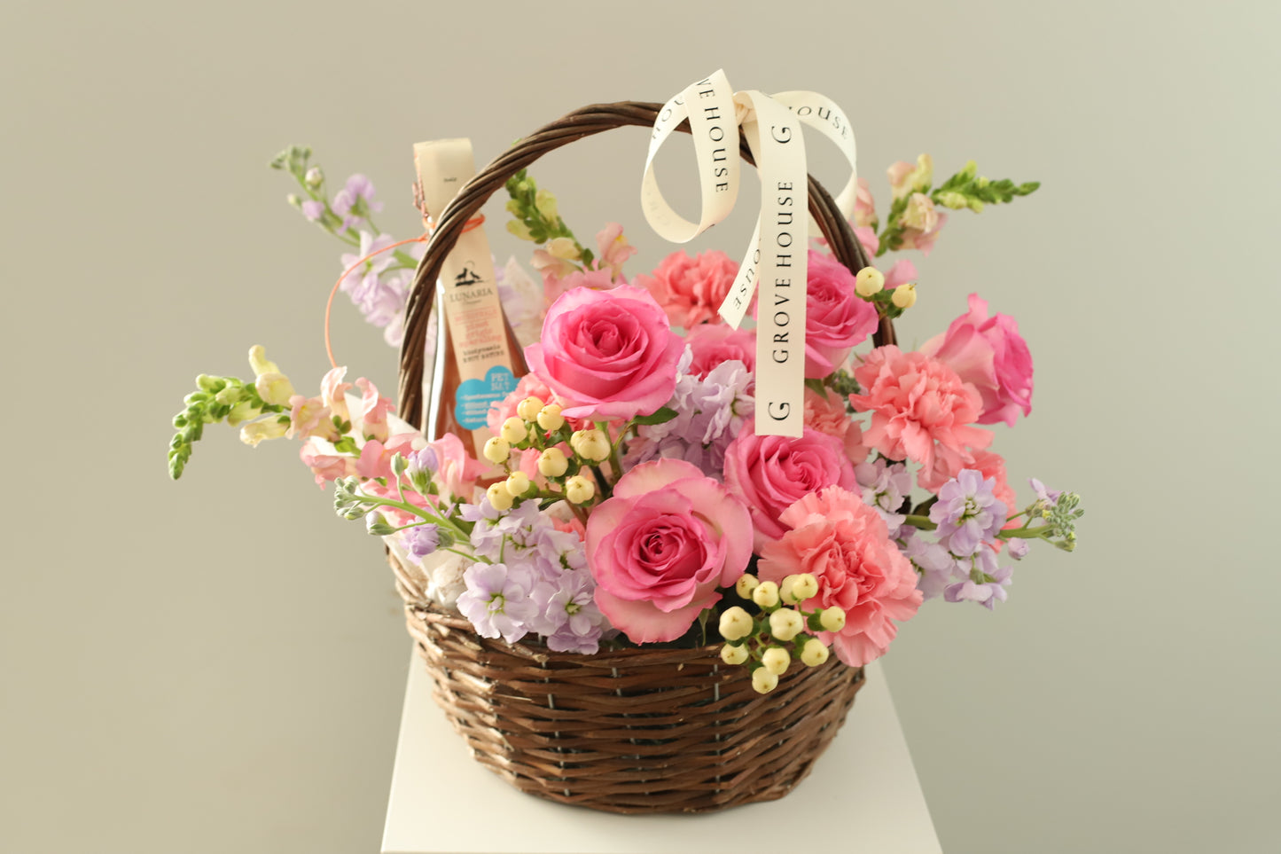 Pink Flower and Wine Basket