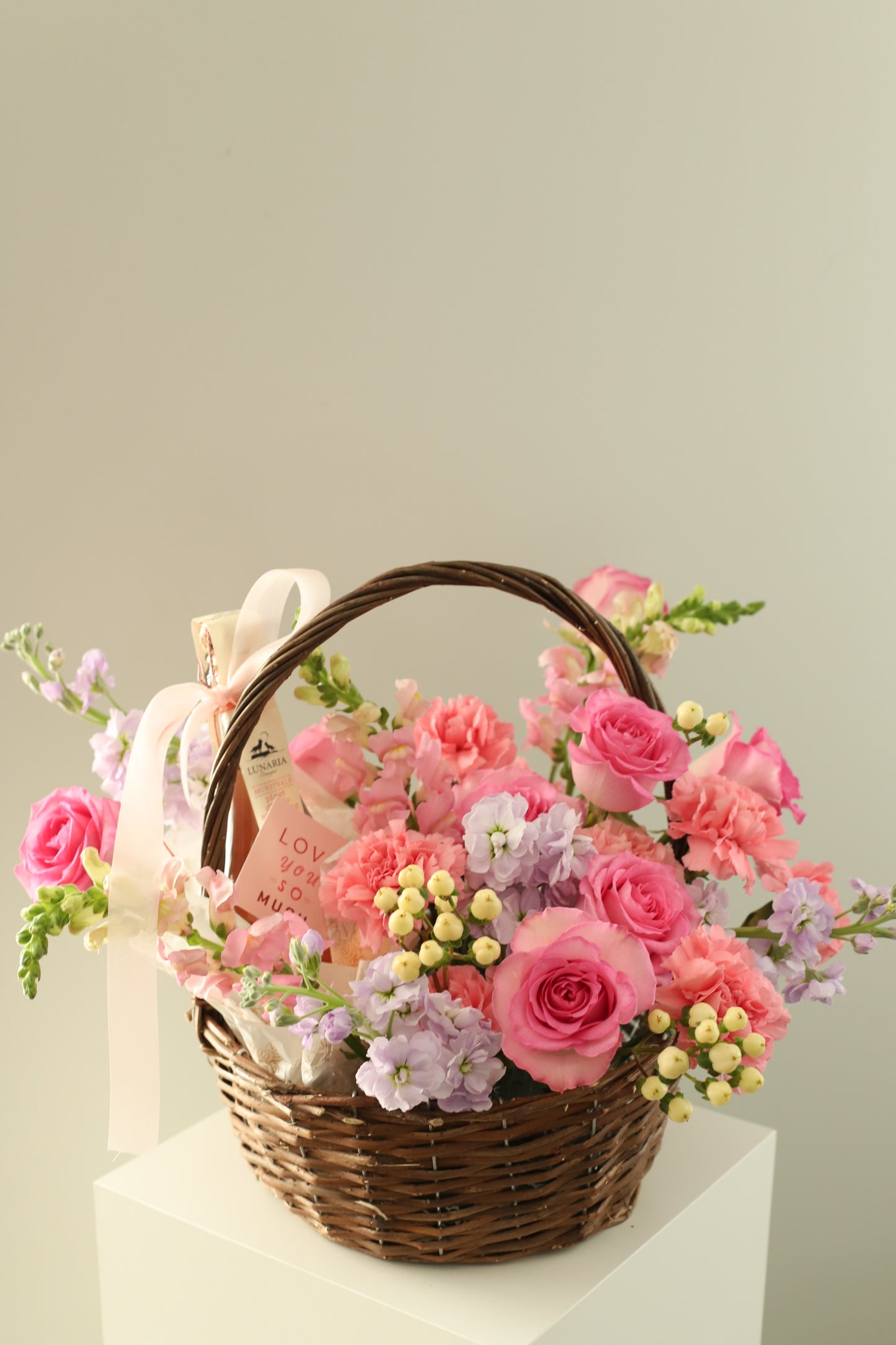 Pink Flower and Wine Basket