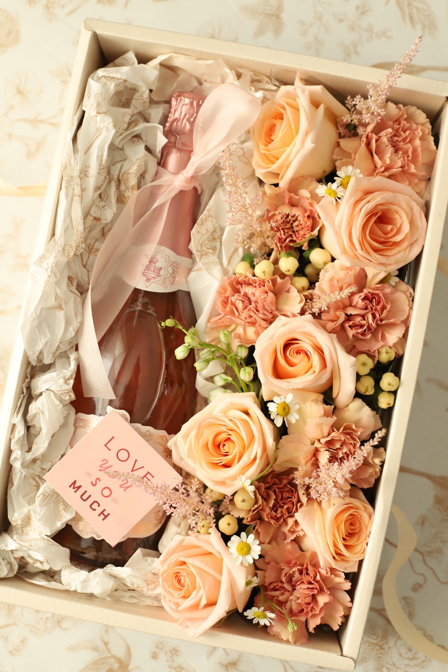 Peach Flowers and Wine Gift Box: Romantic Floral Gifts | GROVE HOUSE