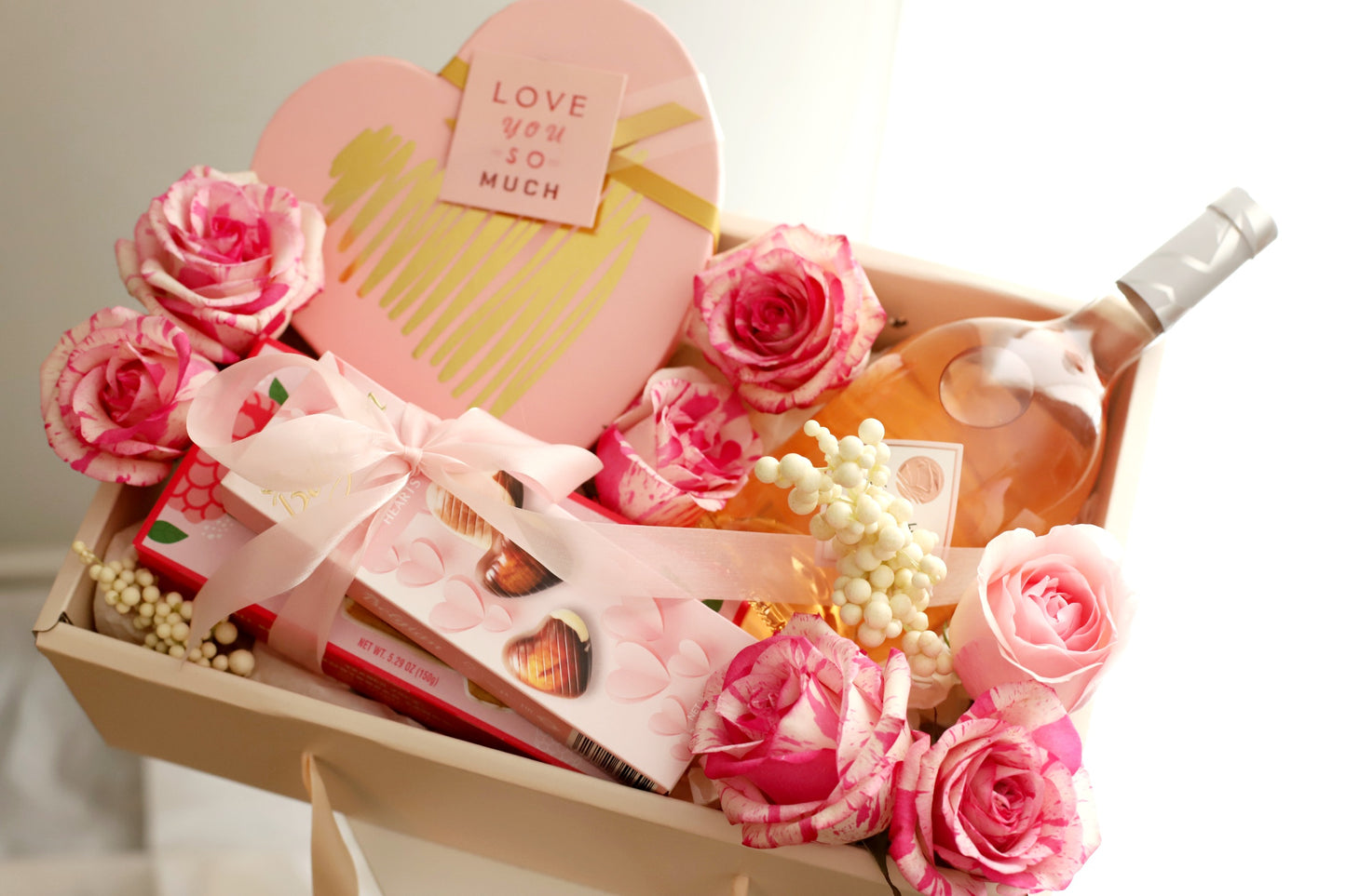 Sweet Romance Deluxe! Valentine's Day Flower Gift Box with Rosé and Chocolate Bliss | Local Chicago Flower Delivery