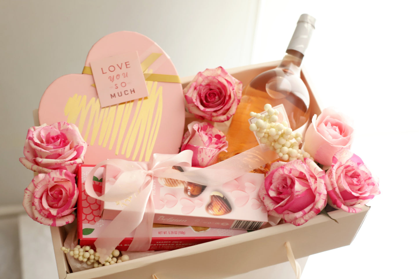 Sweet Romance Deluxe! Valentine's Day Flower Gift Box with Rosé and Chocolate Bliss | Local Chicago Flower Delivery