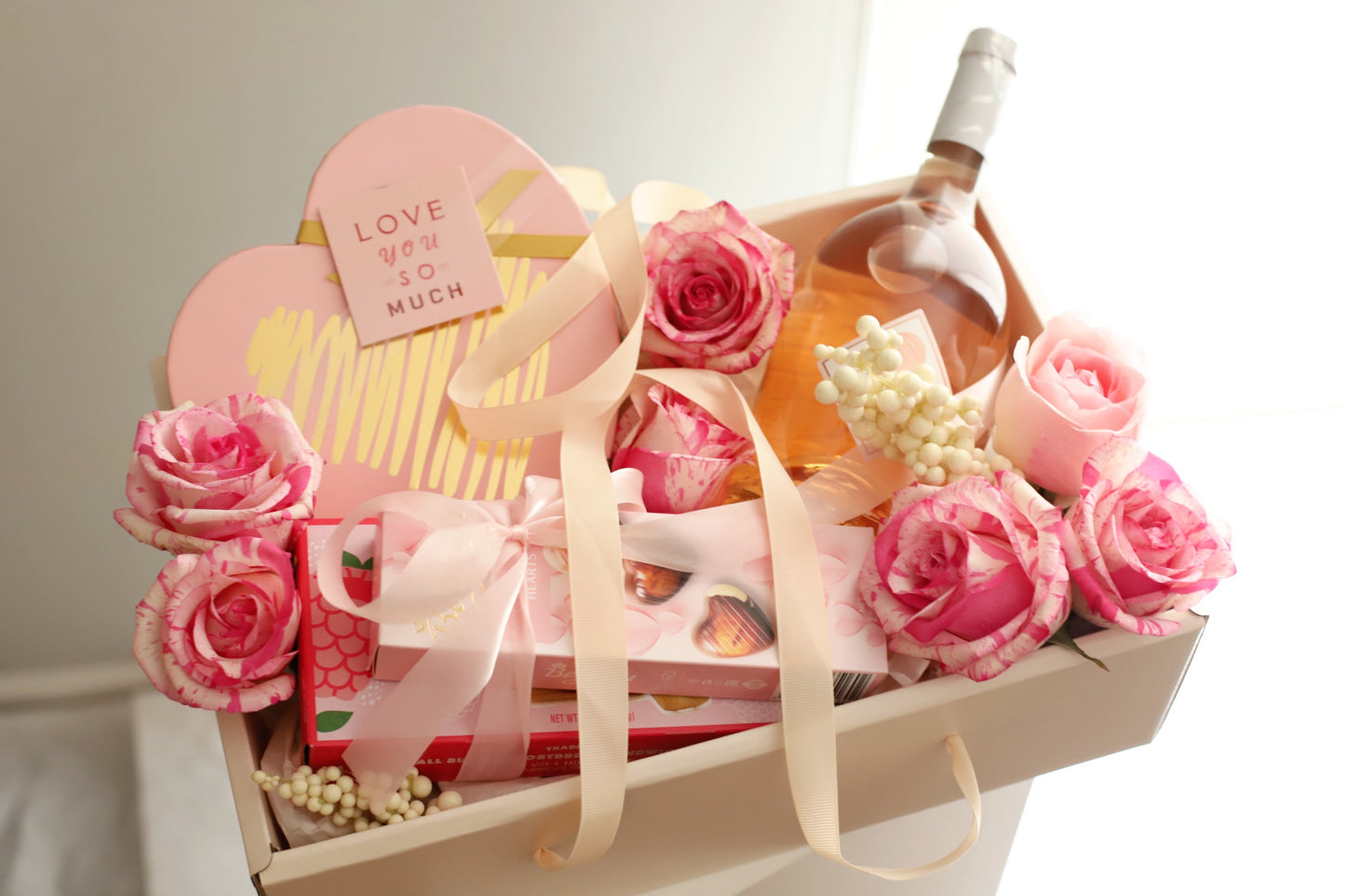 Sweet Romance Deluxe! Valentine's Day Flower Gift Box with Rosé and Chocolate Bliss | Local Chicago Flower Delivery